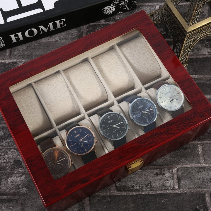 Practical 10 Grids Wooden Watch Box Jewelry Display Collection Storage Case