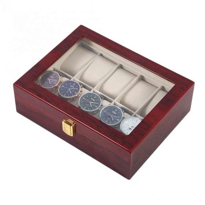 Practical 10 Grids Wooden Watch Box Jewelry Display Collection Storage Case
