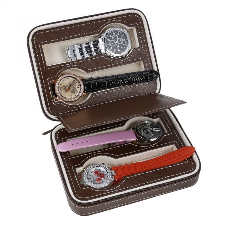 4 Slots Leather Jewelry Watch Collection Bag Storage Organizer With Zipper