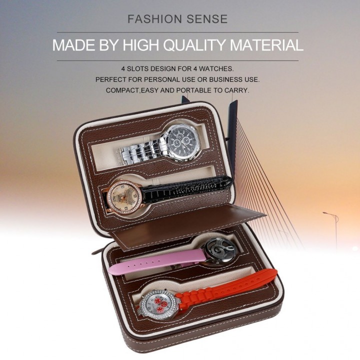 4 Slots Leather Jewelry Watch Collection Bag Storage Organizer With Zipper