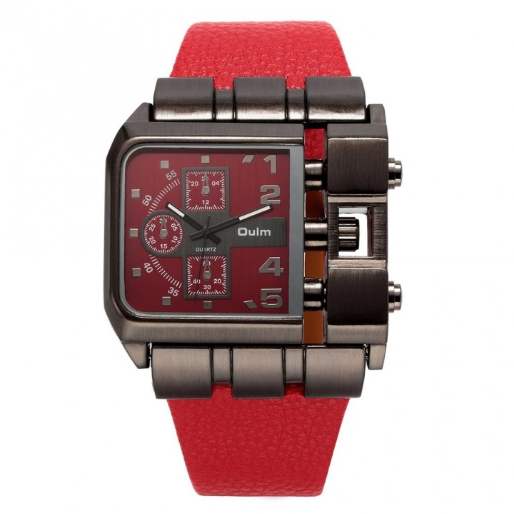 OULM Men Male Unique Leather Strap Square Alloy Case Quartz Wrist Watch