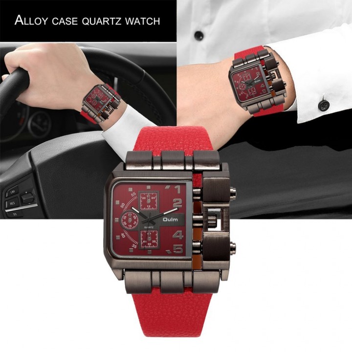 OULM Men Male Unique Leather Strap Square Alloy Case Quartz Wrist Watch