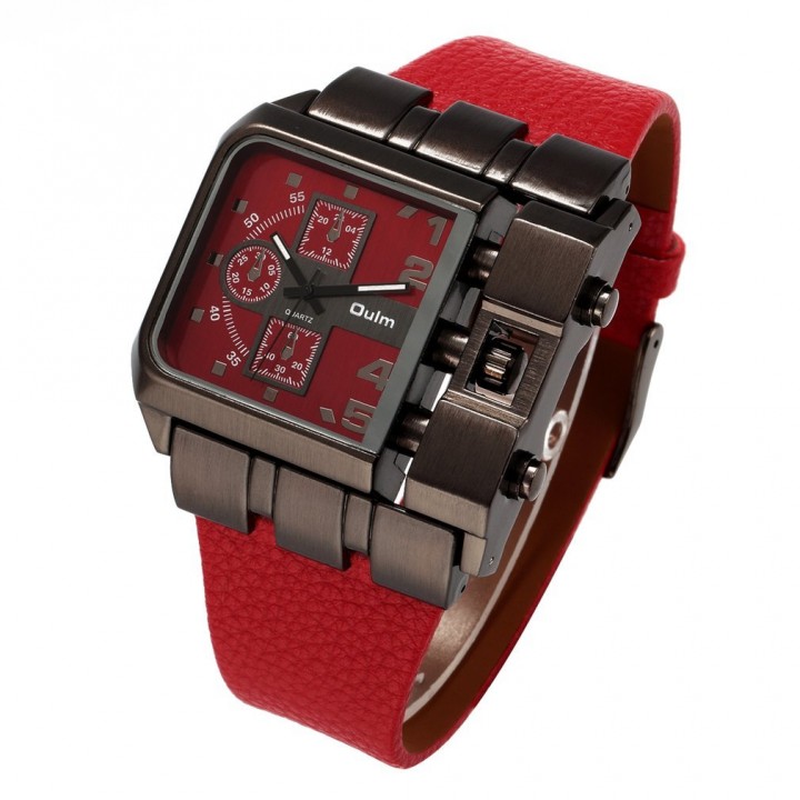 OULM Men Male Unique Leather Strap Square Alloy Case Quartz Wrist Watch