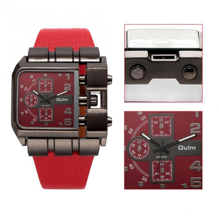 OULM Men Male Unique Leather Strap Square Alloy Case Quartz Wrist Watch