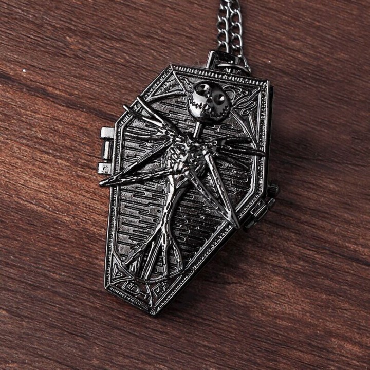 Casual Vintage Flip Quartz Pocket Watch Neck Pendant Corpse Pattern with Chain