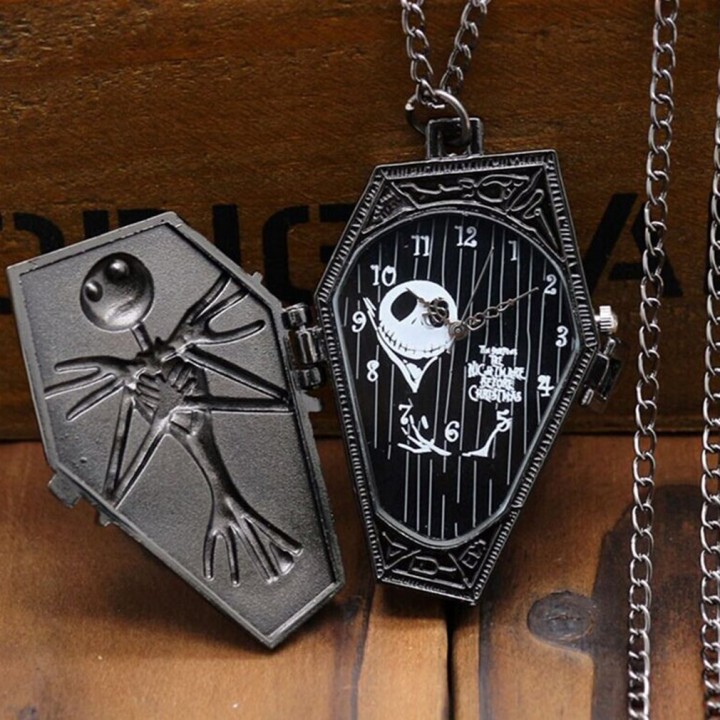 Casual Vintage Flip Quartz Pocket Watch Neck Pendant Corpse Pattern with Chain