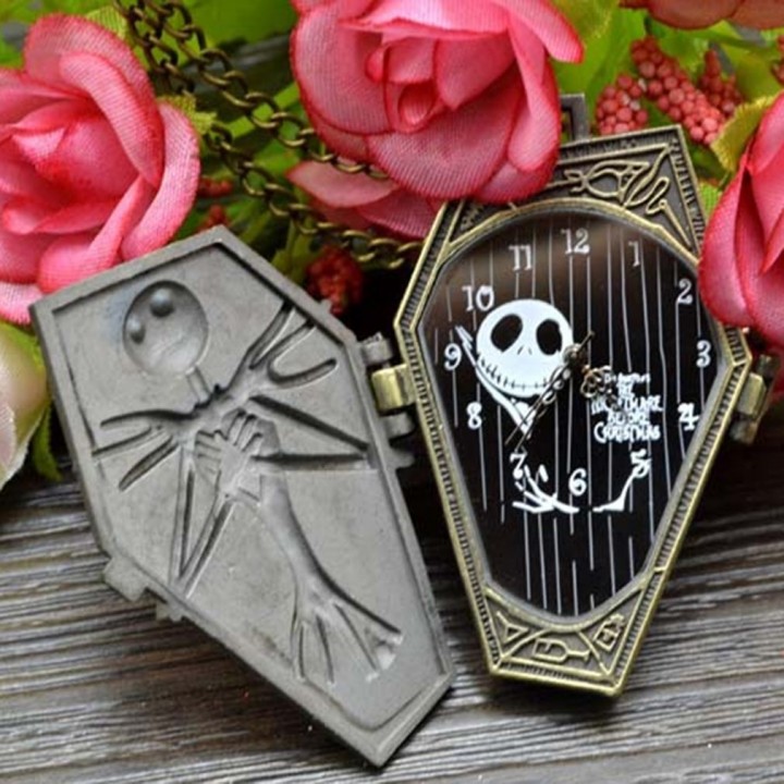 Casual Vintage Flip Quartz Pocket Watch Neck Pendant Corpse Pattern with Chain