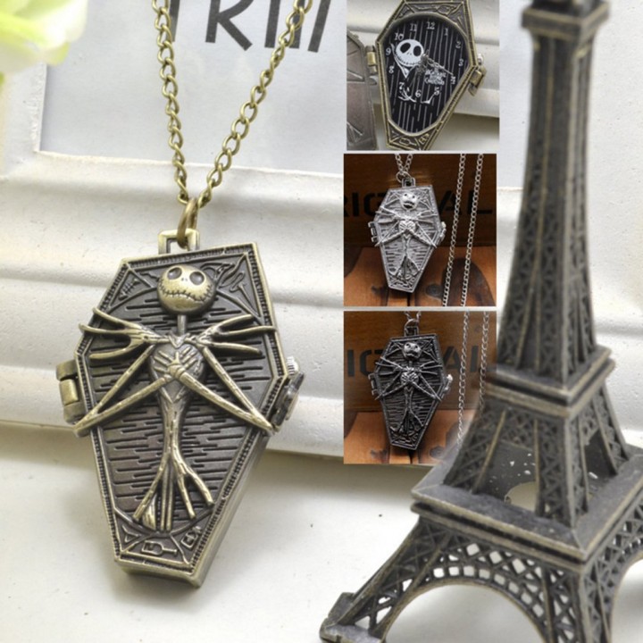 Casual Vintage Flip Quartz Pocket Watch Neck Pendant Corpse Pattern with Chain
