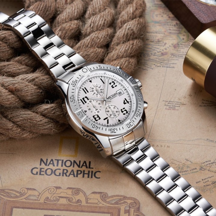 MEGIR 2030G Business Men Watch Steel Brand Quartz Watch Waterproof Chronograph