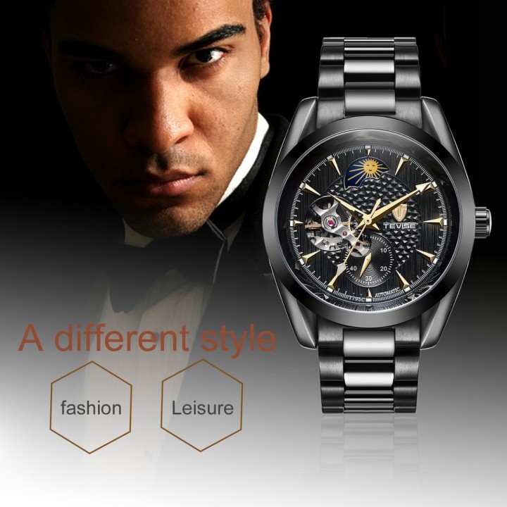 TEVISE 795C Men Mechanical Wrist Watch Stainless Steel Wristband Round Watch