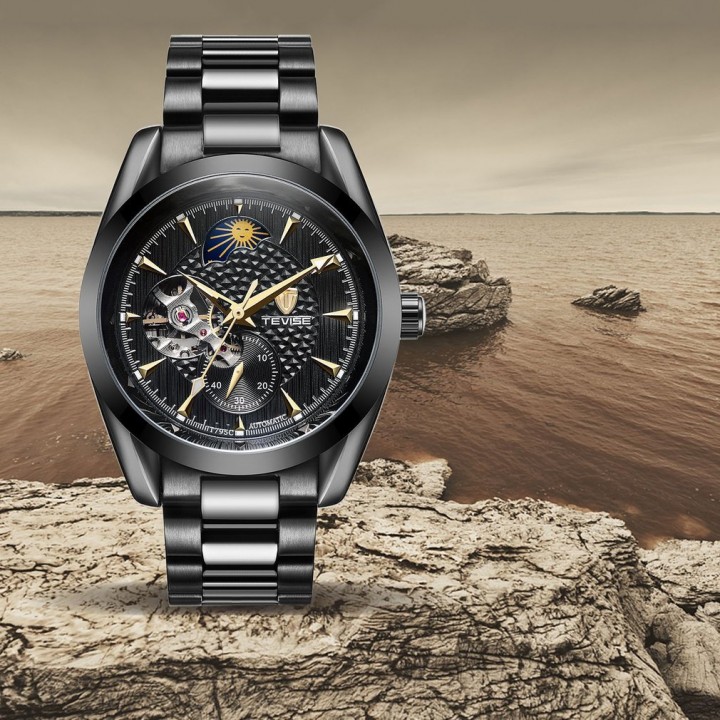 TEVISE 795C Men Mechanical Wrist Watch Stainless Steel Wristband Round Watch
