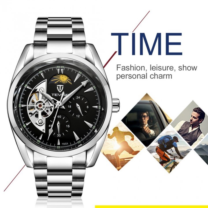 TEVISE 795a Business Men Hollow Out Mechanical Stainless Steel Wristwatch