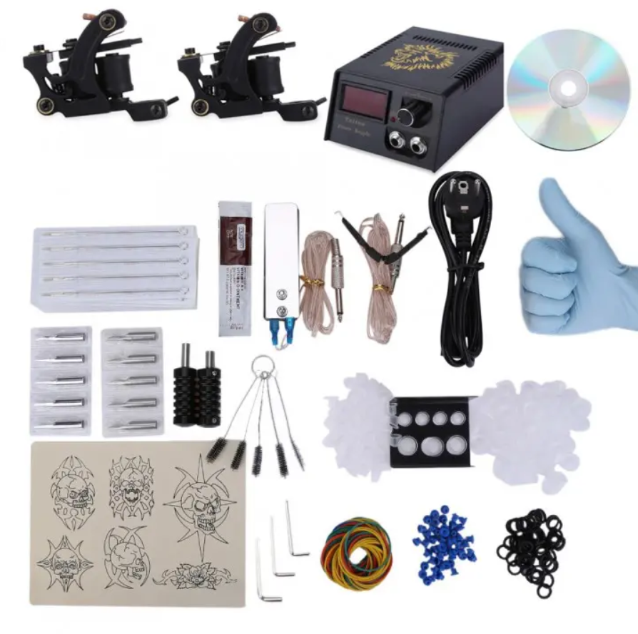 Tattoo Kit Shader Liner Machine Guns Power Supply 2 x Tattoo Machine Gun