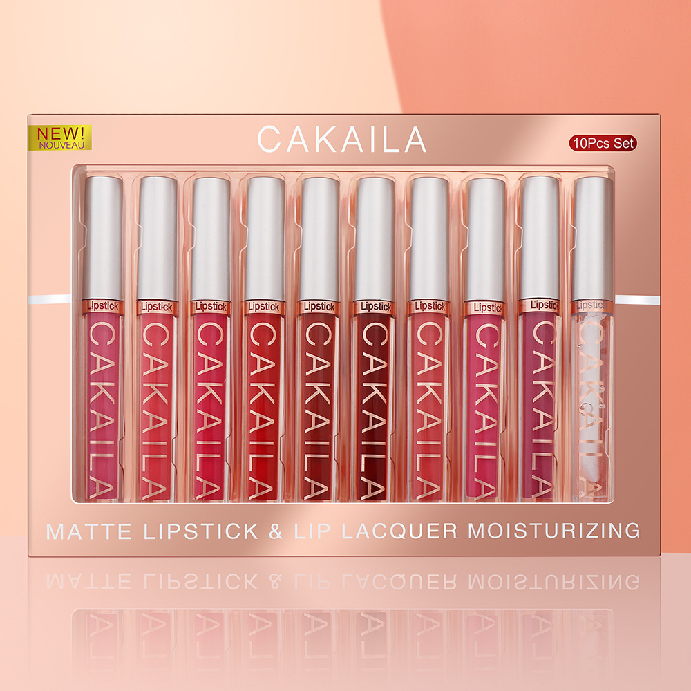 10Pcs set CAKAILA 9 Matte lip gloss and 1 Lip liner Box Lipstick nonstick cup muti-colors