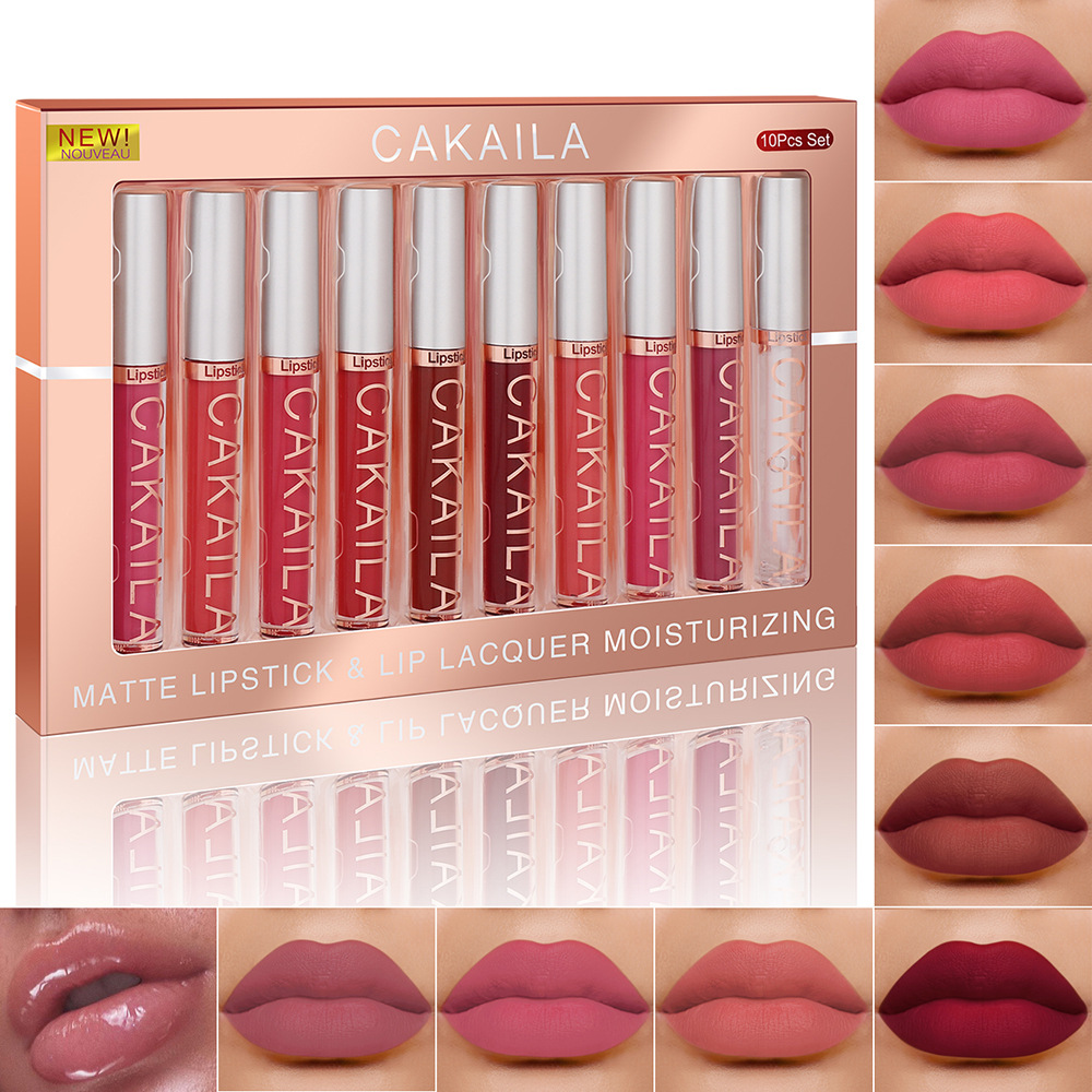 10Pcs set CAKAILA 9 Matte lip gloss and 1 Lip liner Box Lipstick nonstick cup muti-colors