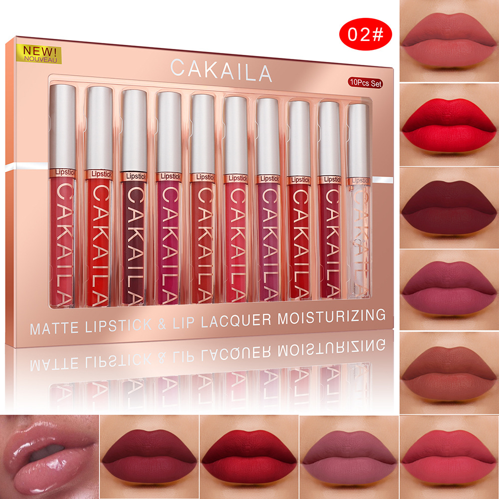 10Pcs set CAKAILA 9 Matte lip gloss and 1 Lip liner Box Lipstick nonstick cup muti-colors