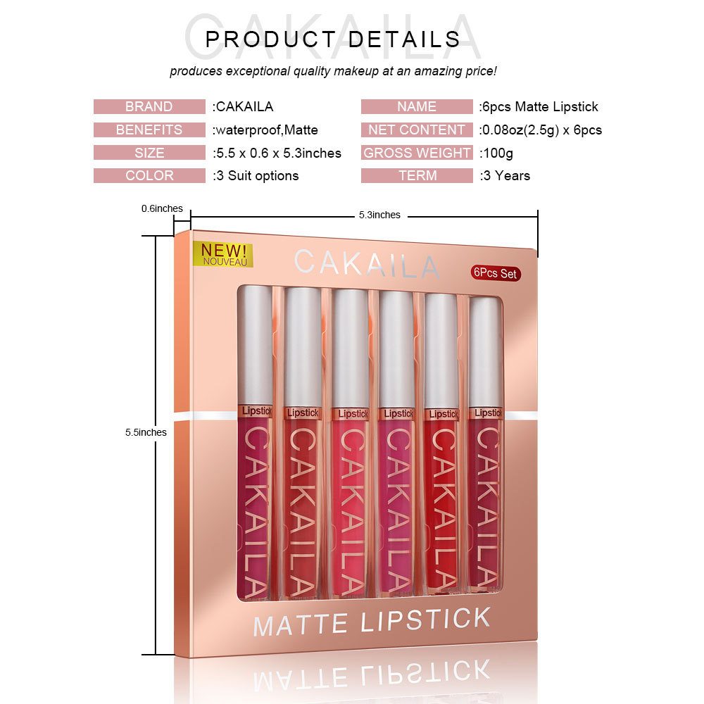 6Pcs CAKAILA brand waterproof non stick matte moisturizing  Lipstick  makeup 6 colors