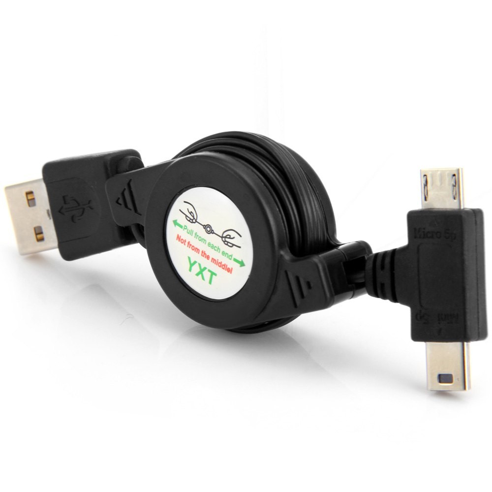 U2-307-BK 0.8m Retractable Micro USB Mini USB 5pin Combo Charging Cable for Tablet Cell Phone