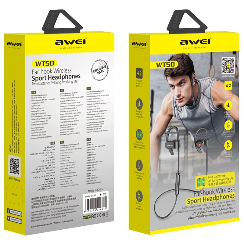 Awei WT50 Sports Long Battery Life IPX4 Bluetooth Earphones Stereo Earbuds with Mic