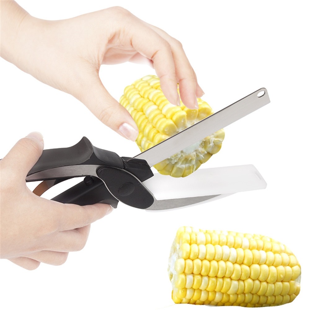 2 in 1 Kitchen Fruits Vegetable Scissors Cutting Board Ourdoor Food Cutter Knife