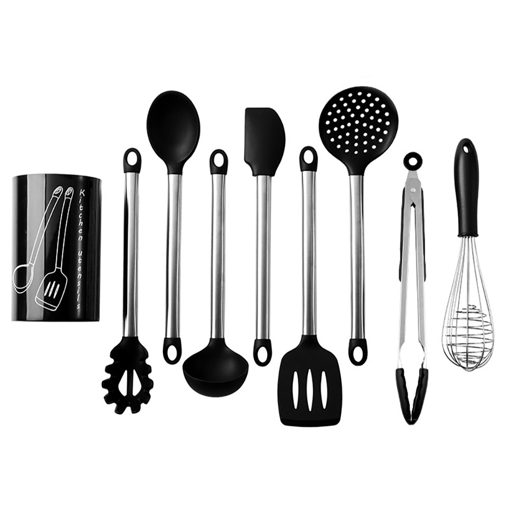 9PCS Nonstick Silicone Stainless Steel Cooking Baking Utensil Turner Tongs Spatula Spoon Kitchen Tools