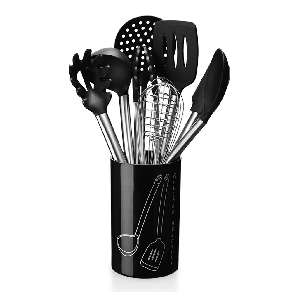 9PCS Nonstick Silicone Stainless Steel Cooking Baking Utensil Turner Tongs Spatula Spoon Kitchen Tools