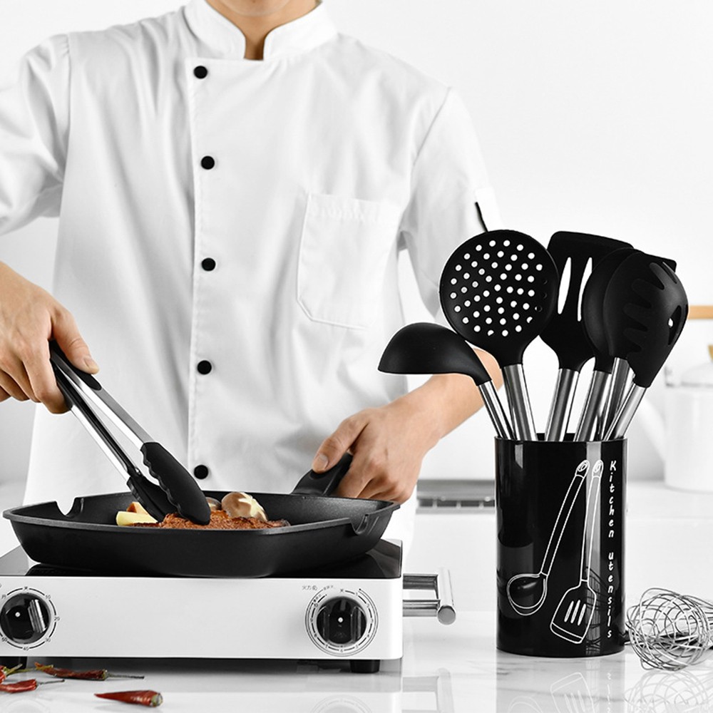 9PCS Nonstick Silicone Stainless Steel Cooking Baking Utensil Turner Tongs Spatula Spoon Kitchen Tools