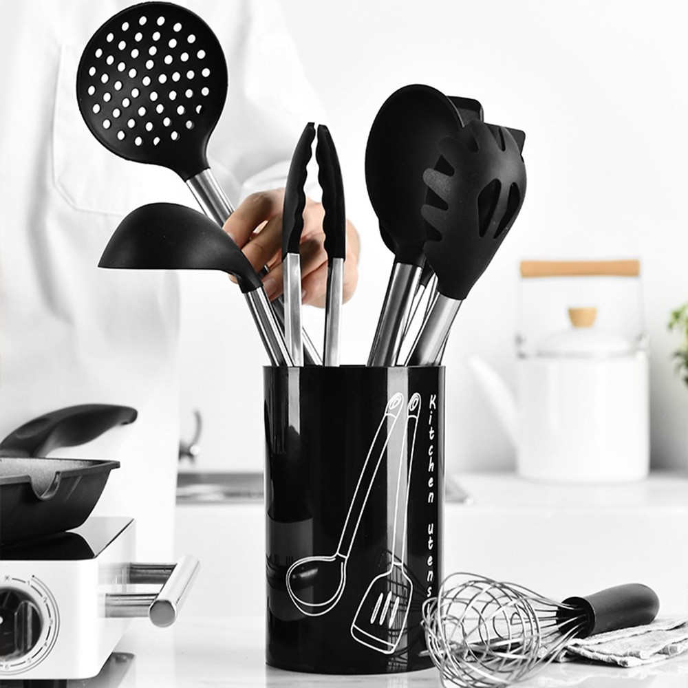 9PCS Nonstick Silicone Stainless Steel Cooking Baking Utensil Turner Tongs Spatula Spoon Kitchen Tools