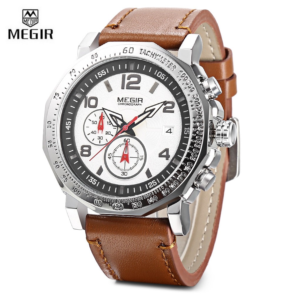 MEGIR ML2048 Male Quartz Watch Calendar Leather Strap Men Wristwatch