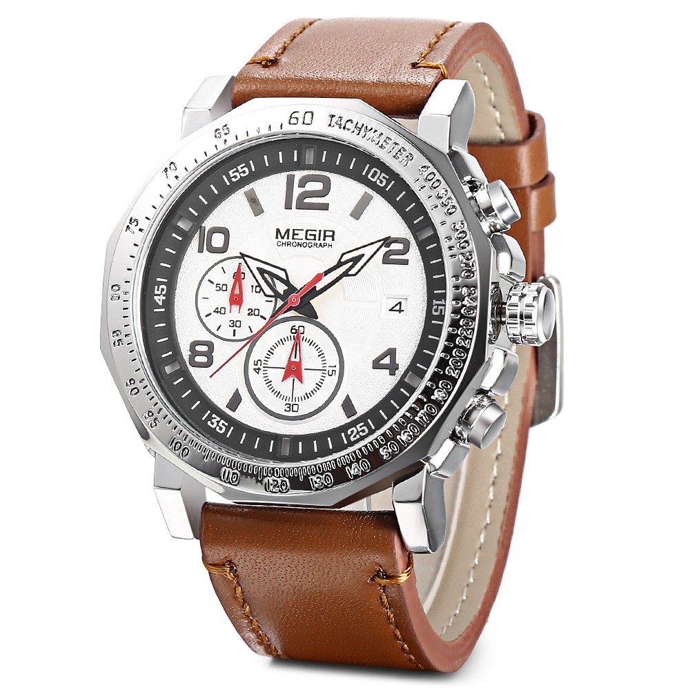 MEGIR ML2048 Male Quartz Watch Calendar Leather Strap Men Wristwatch