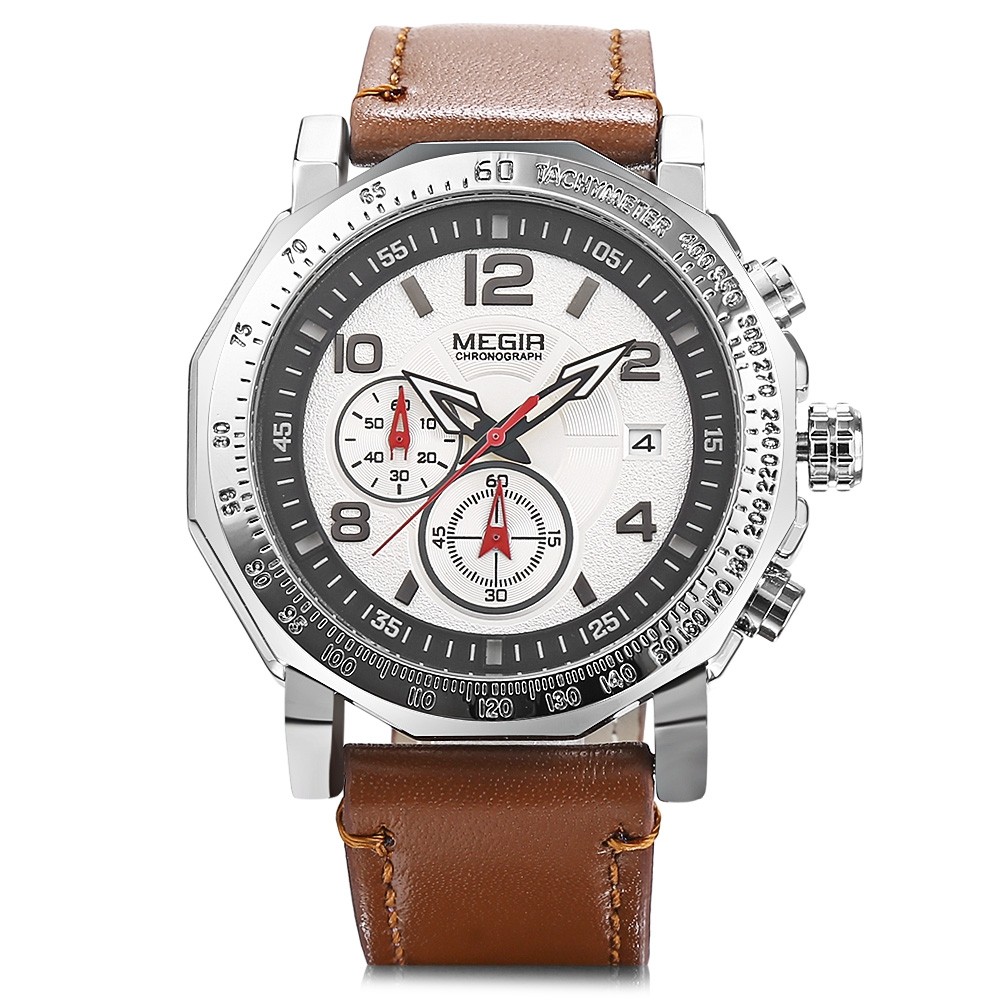 MEGIR ML2048 Male Quartz Watch Calendar Leather Strap Men Wristwatch