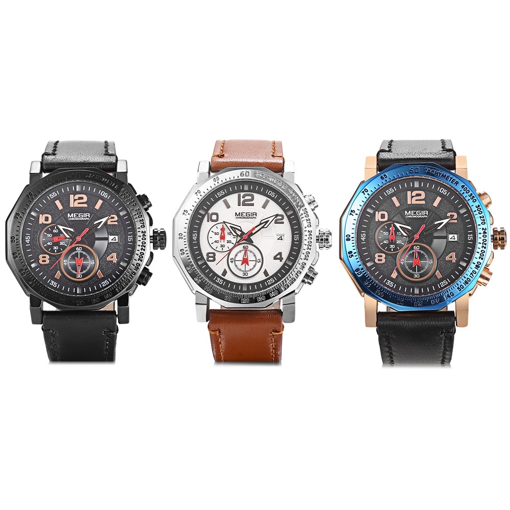 MEGIR ML2048 Male Quartz Watch Calendar Leather Strap Men Wristwatch