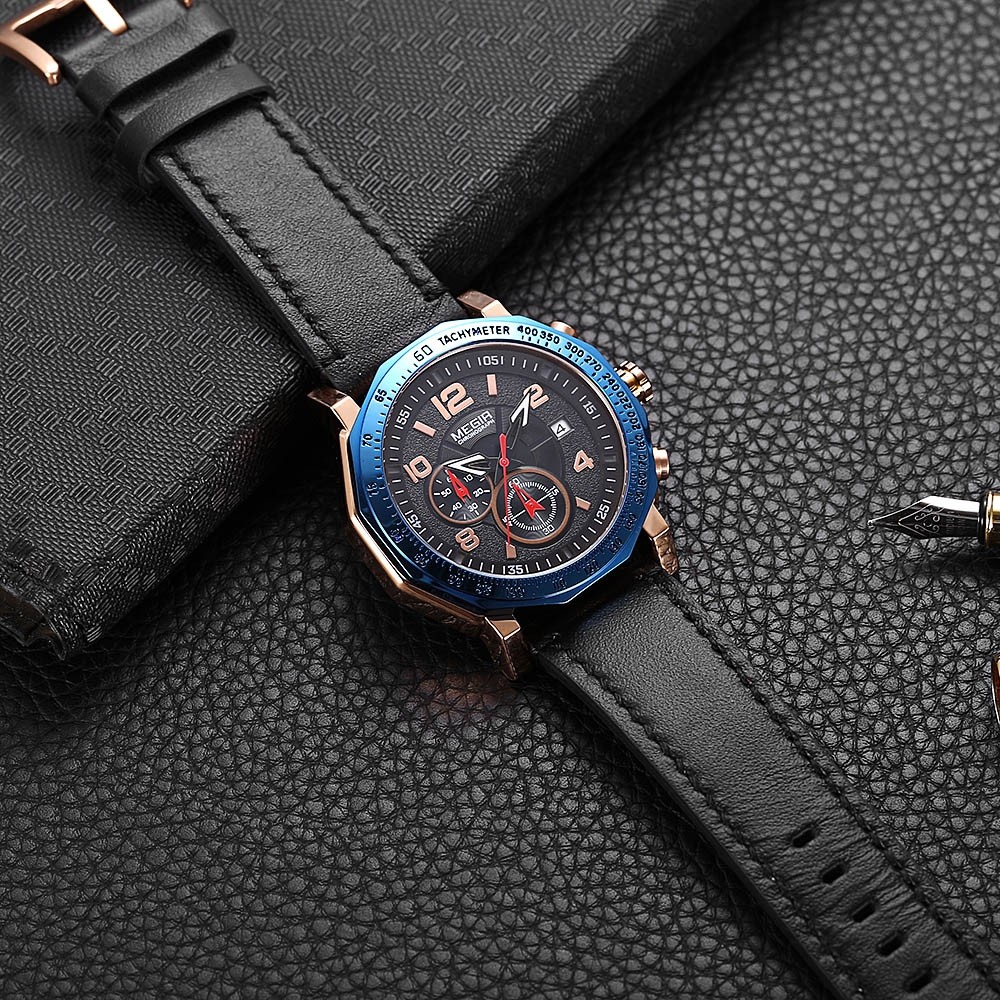 MEGIR ML2048 Male Quartz Watch Calendar Leather Strap Men Wristwatch
