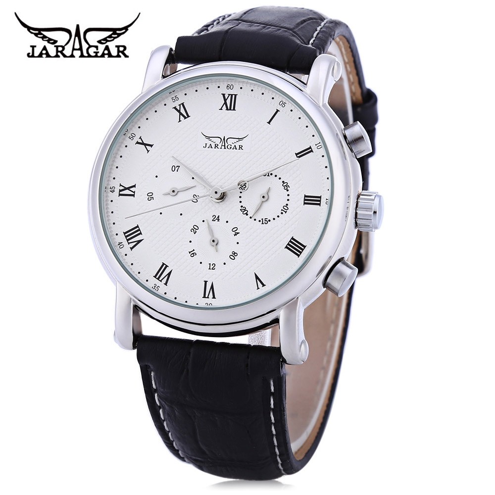 JARAGAR F1205306 Men Auto Mechanical Watch Calendar 24 hours Display Genuine Leather Wristwatch