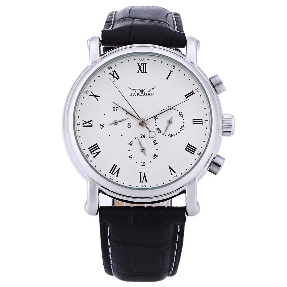 JARAGAR F1205306 Men Auto Mechanical Watch Calendar 24 hours Display Genuine Leather Wristwatch