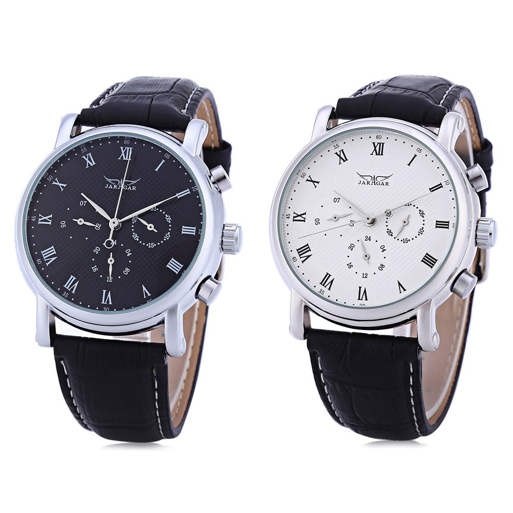 JARAGAR F1205306 Men Auto Mechanical Watch Calendar 24 hours Display Genuine Leather Wristwatch