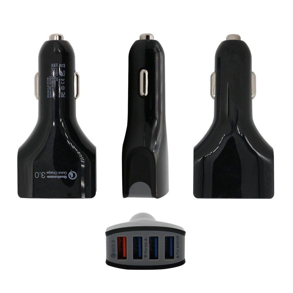 QC3.0 Quick Charge Adaptive 4 Port USB Fast Car Charger + 3 in 1 Type-C + 8 Pin + Micro USB Data Charging Cable