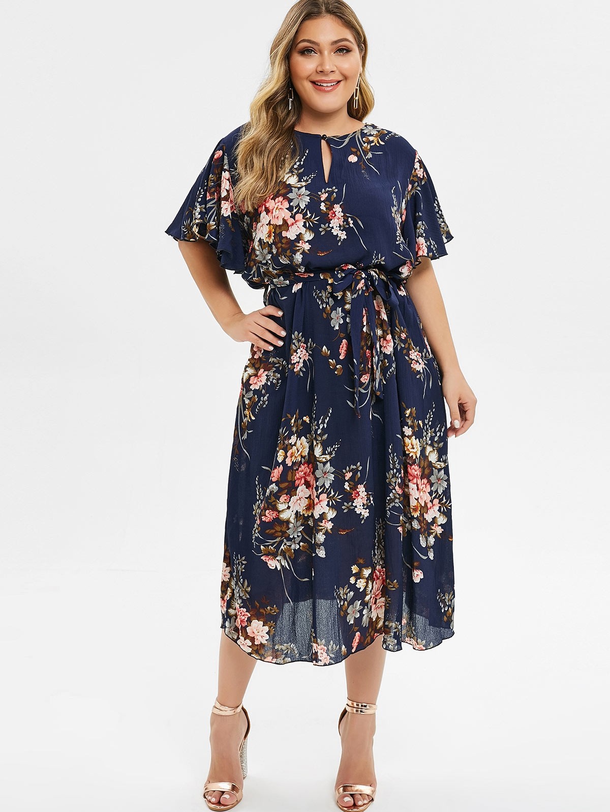 Plus Size Keyhole Neck Floral Print Belt Short Sleeve Dress