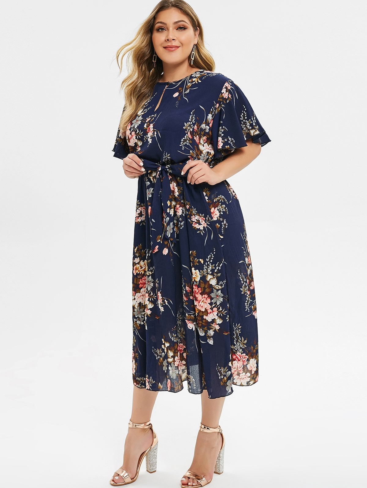 Plus Size Keyhole Neck Floral Print Belt Short Sleeve Dress