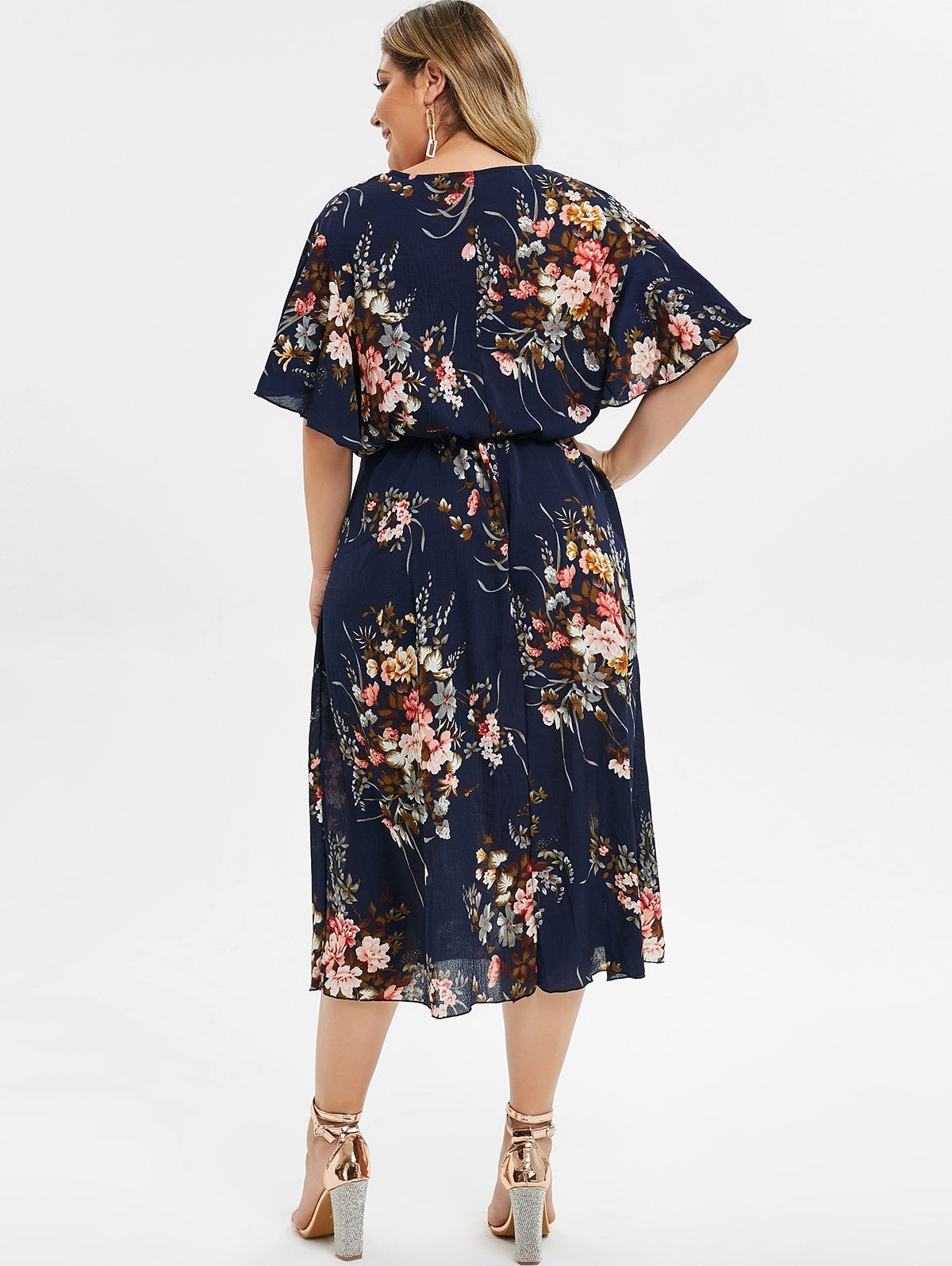 Plus Size Keyhole Neck Floral Print Belt Short Sleeve Dress