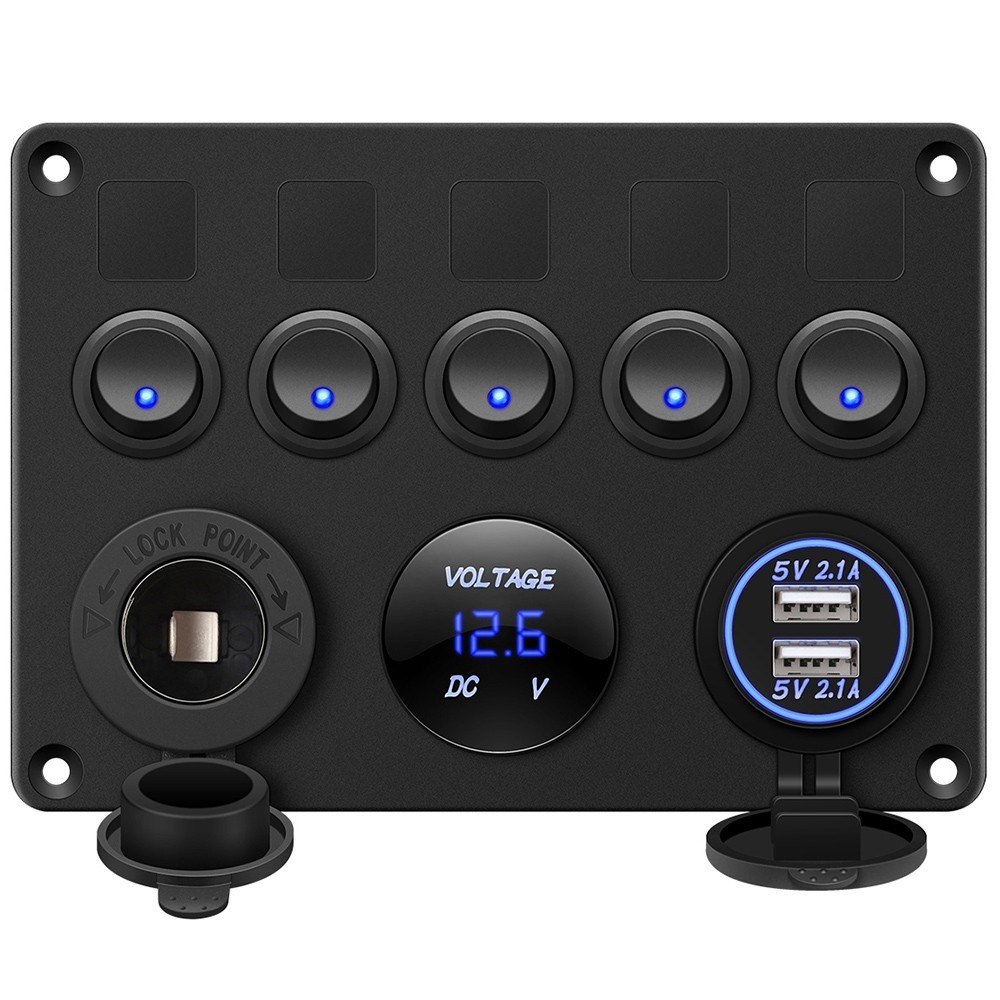 5 Gang Switch Panel 12V/24V with Digital Voltmeter Blue LED Equipped with Cigarette Lighter Socket and 4.2A Dual USB Port for RV Car Boat