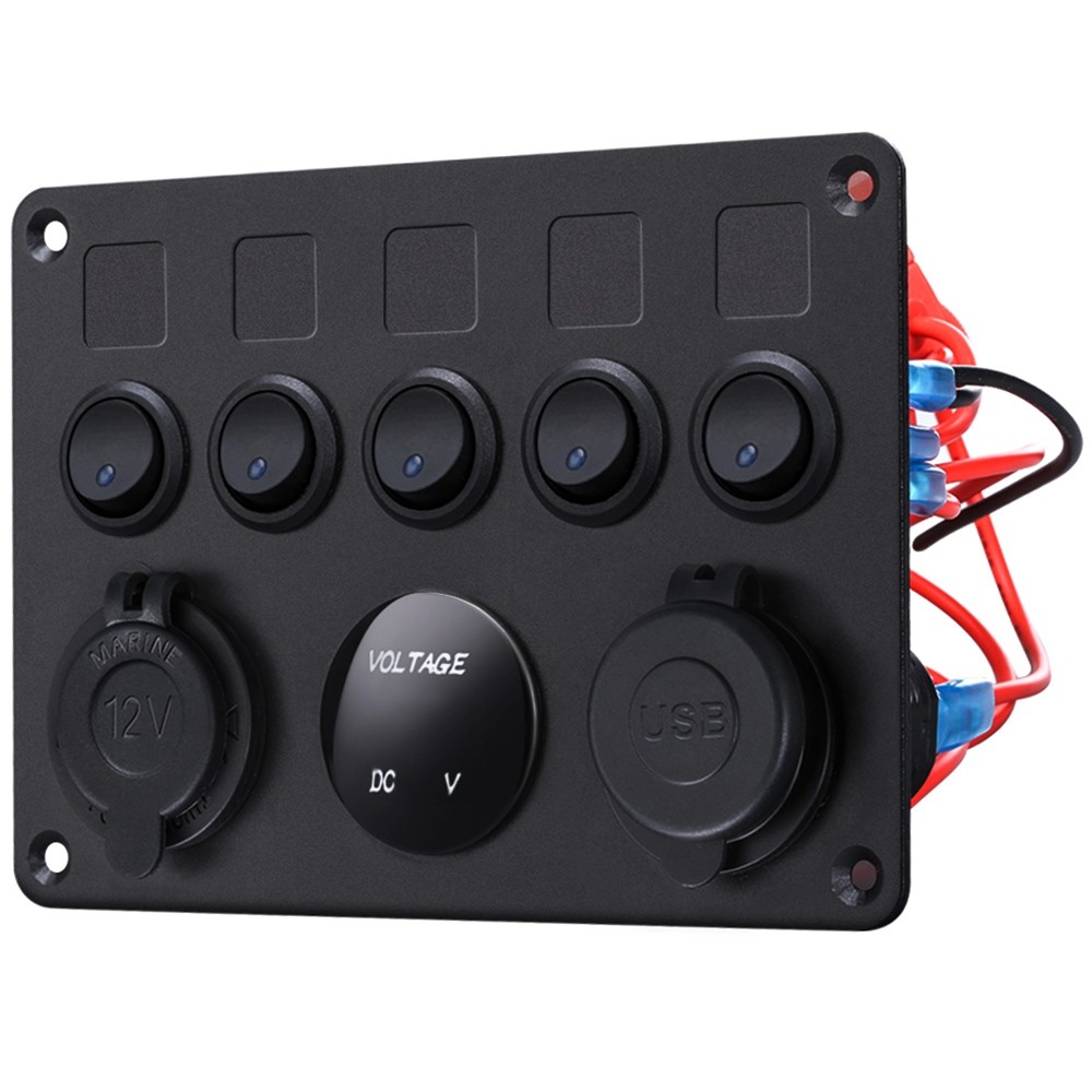 5 Gang Switch Panel 12V/24V with Digital Voltmeter Blue LED Equipped with Cigarette Lighter Socket and 4.2A Dual USB Port for RV Car Boat
