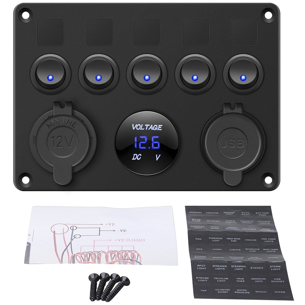 5 Gang Switch Panel 12V/24V with Digital Voltmeter Blue LED Equipped with Cigarette Lighter Socket and 4.2A Dual USB Port for RV Car Boat