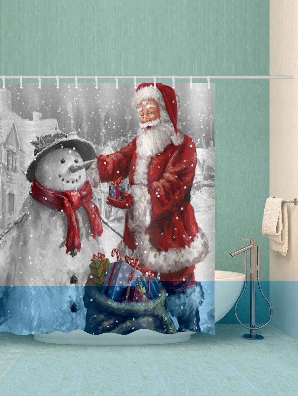 Christmas Santa Claus and Snowman Print Waterproof Bathroom Shower Curtain