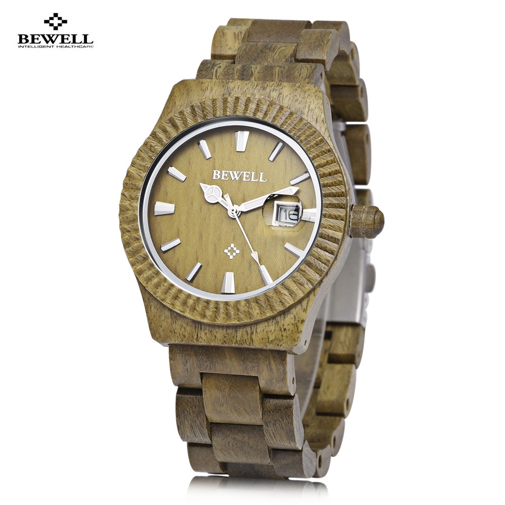 Bewell ZS - W064A Men Quartz Watch Wooden Case Luminous Date Display Japan Movt Wristwatch