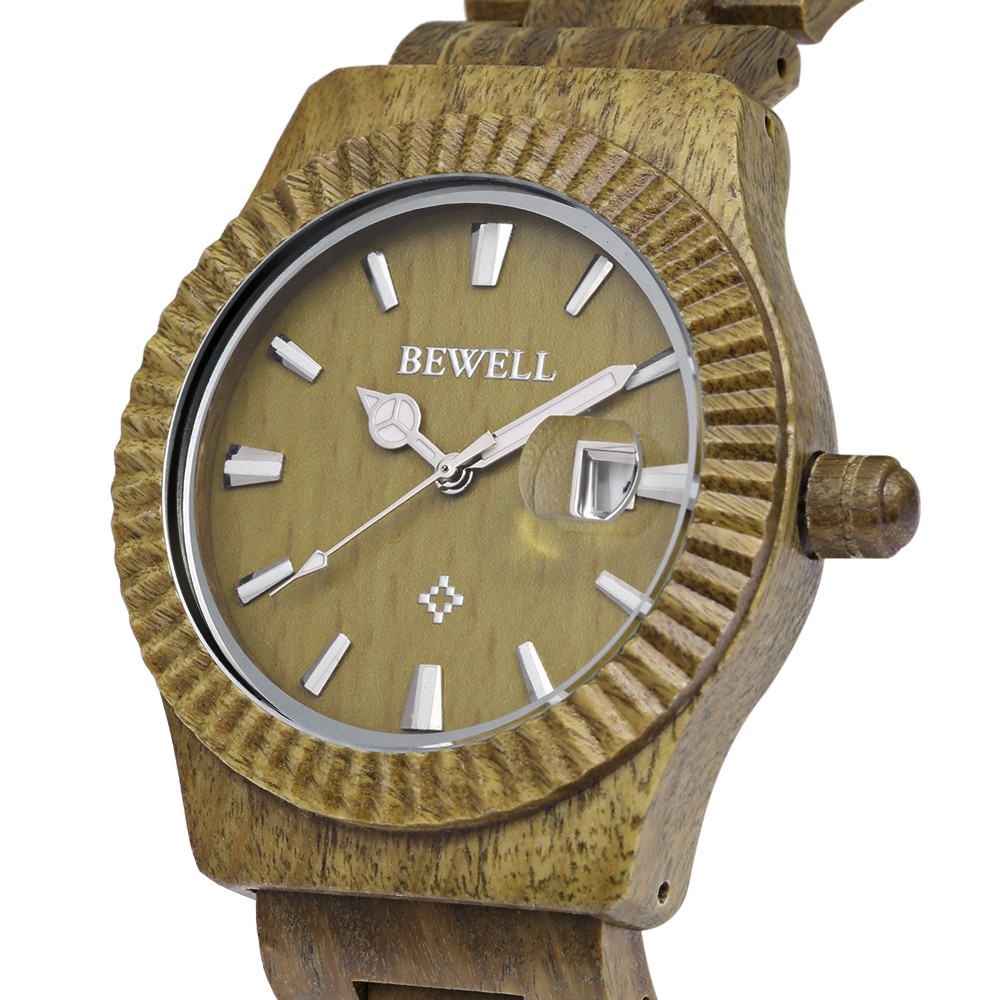 Bewell ZS - W064A Men Quartz Watch Wooden Case Luminous Date Display Japan Movt Wristwatch