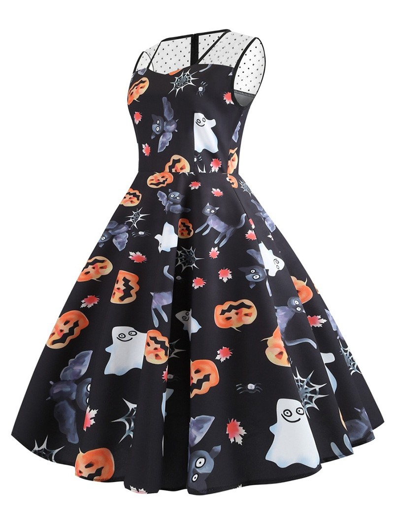 Plus Size Halloween Vintage Pumpkin Ghost Bat Print Dress