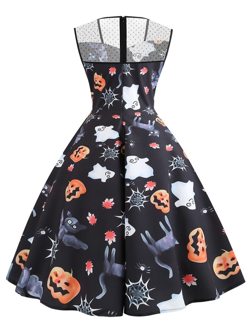 Plus Size Halloween Vintage Pumpkin Ghost Bat Print Dress