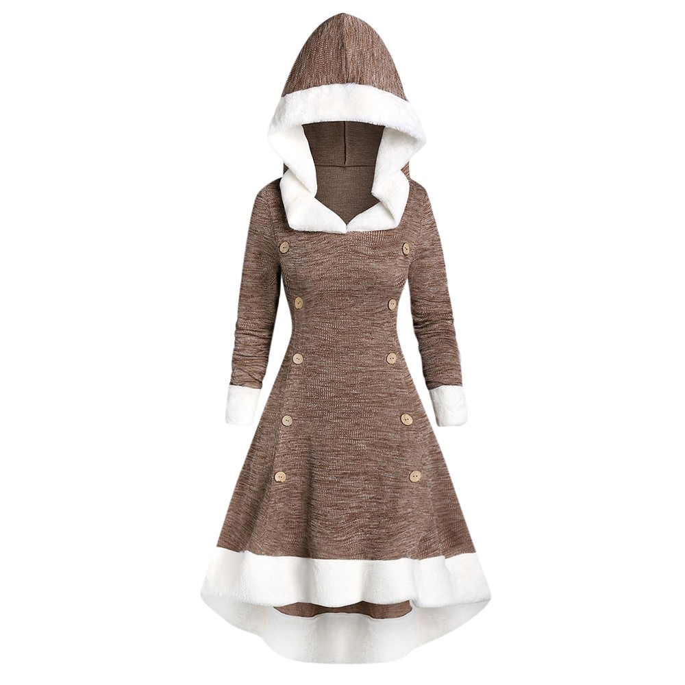 Hooded Faux Fur Trim Mock Button High Low Midi Dress