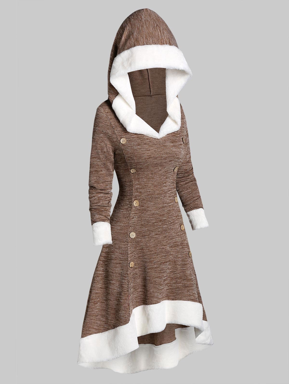 Hooded Faux Fur Trim Mock Button High Low Midi Dress